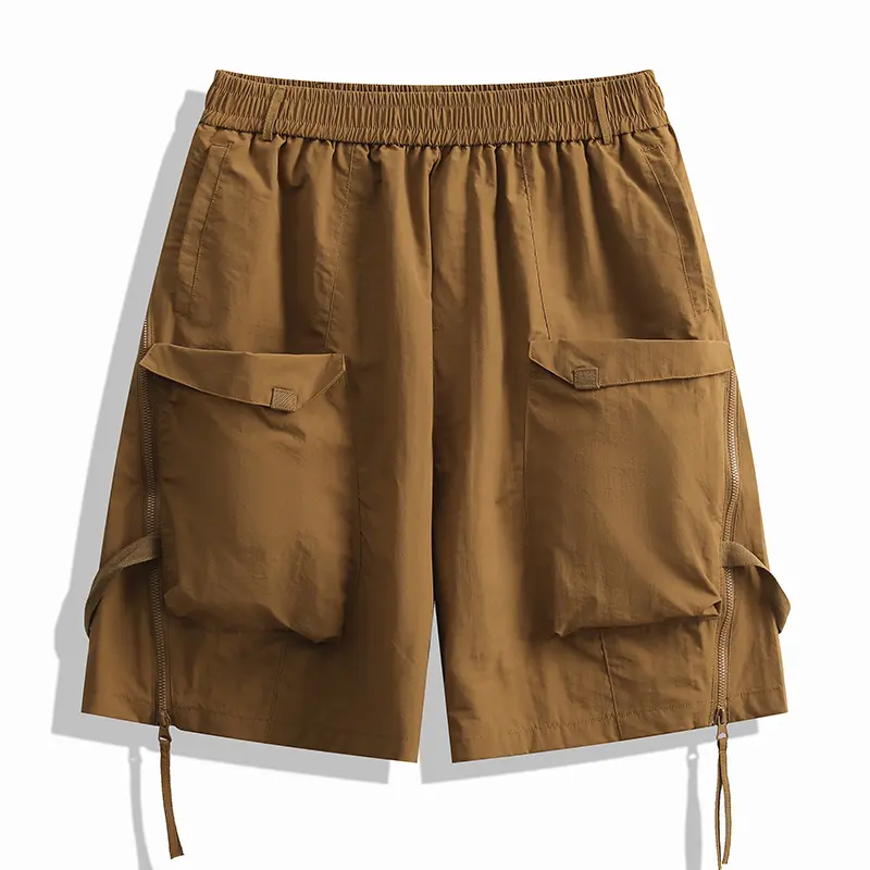 Elastic Waist Men Casual Shorts Zipper Patchwork Ribbon Decoration Solid Color Straight Loose Wide Leg Male Bottom Shorts Men