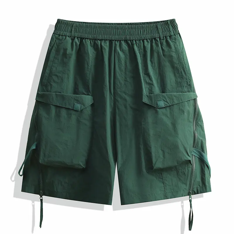 Elastic Waist Men Casual Shorts Zipper Patchwork Ribbon Decoration Solid Color Straight Loose Wide Leg Male Bottom Shorts Men