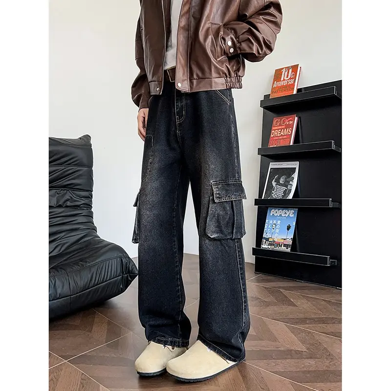 Retro Blue Workwear High Quality Men's Jeans American High Street Loose Wide Leg Straight Casual Long Trousers Big Pocket