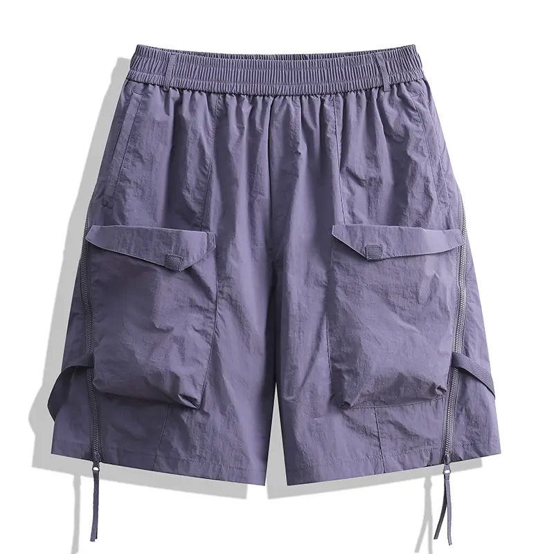 Elastic Waist Men Casual Shorts Zipper Patchwork Ribbon Decoration Solid Color Straight Loose Wide Leg Male Bottom Shorts Men