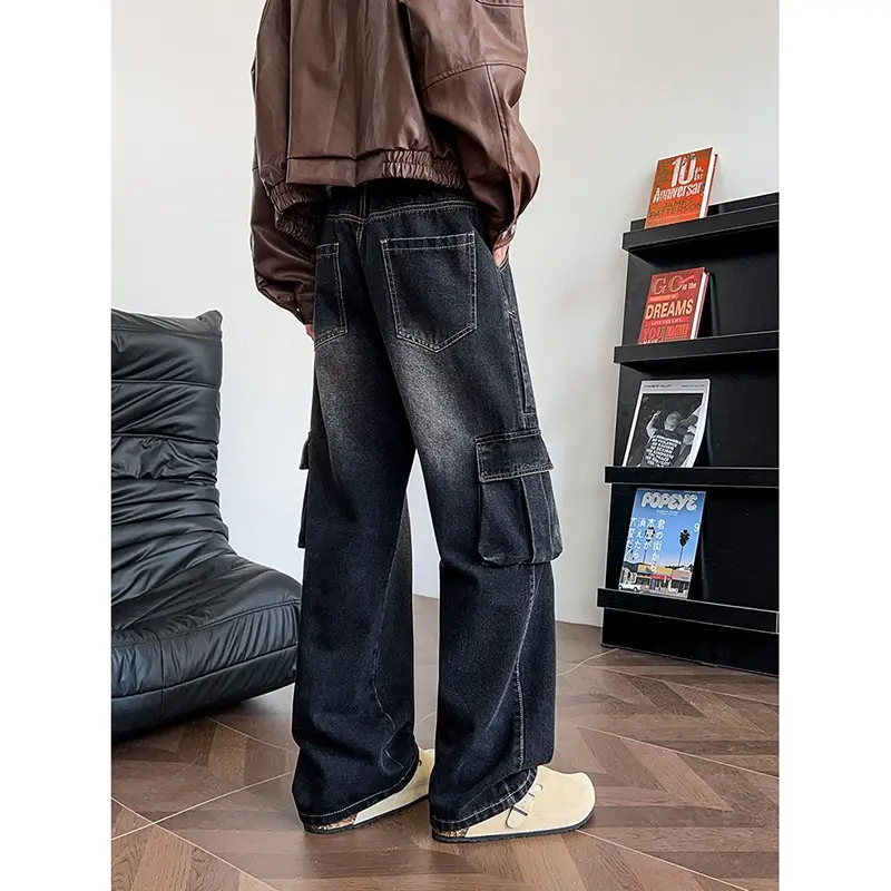 Retro Blue Workwear High Quality Men's Jeans American High Street Loose Wide Leg Straight Casual Long Trousers Big Pocket