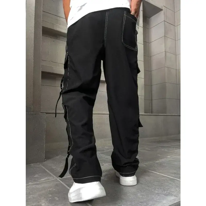 Men Jeans Baggy Straight Denim Trousers Wide Legs Pants Big Pocket Trendy Blue Black Elastic Waist Casual Baggy Hosen Streetwear