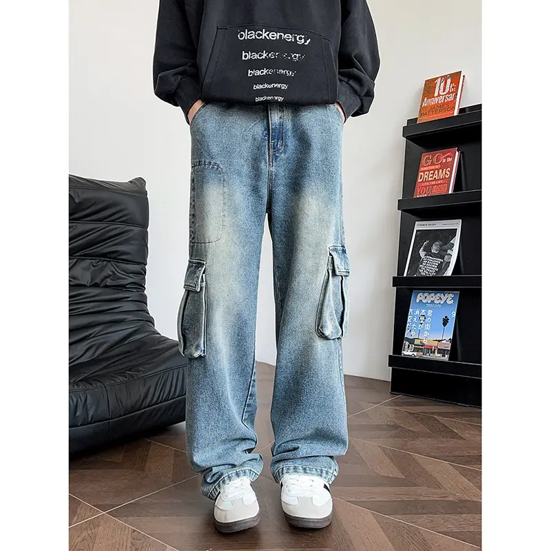 Retro Blue Workwear High Quality Men's Jeans American High Street Loose Wide Leg Straight Casual Long Trousers Big Pocket