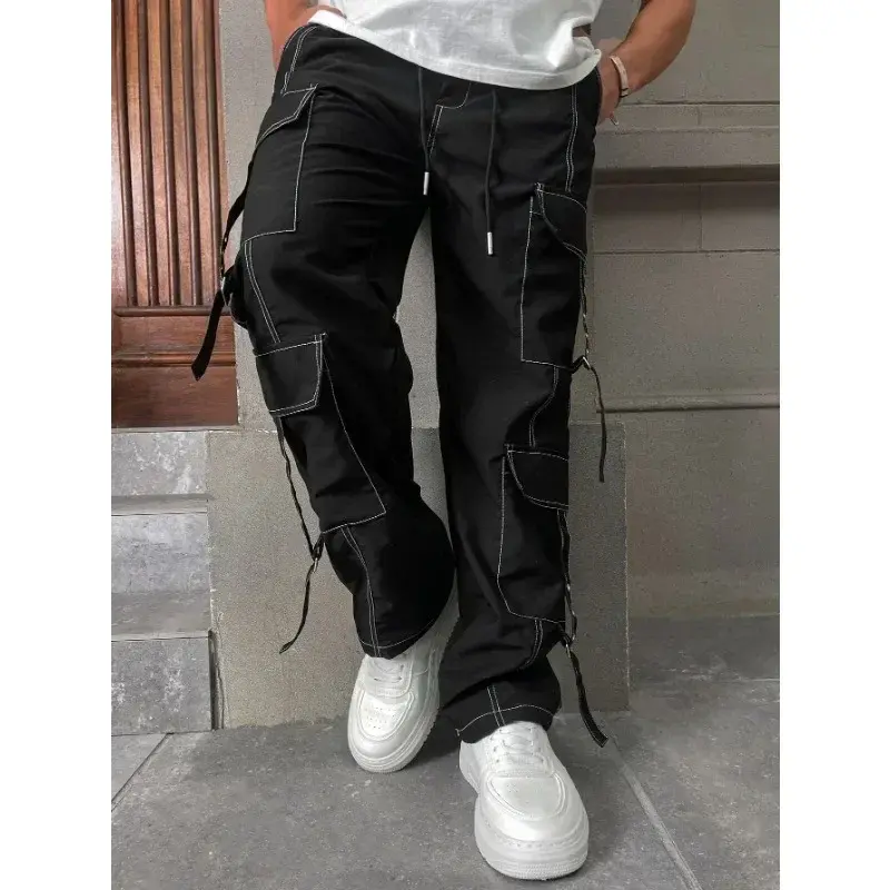 Men Jeans Baggy Straight Denim Trousers Wide Legs Pants Big Pocket Trendy Blue Black Elastic Waist Casual Baggy Hosen Streetwear