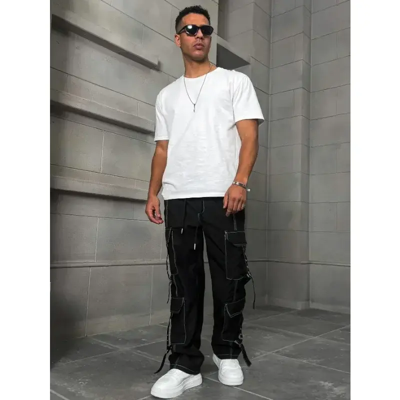 Men Jeans Baggy Straight Denim Trousers Wide Legs Pants Big Pocket Trendy Blue Black Elastic Waist Casual Baggy Hosen Streetwear