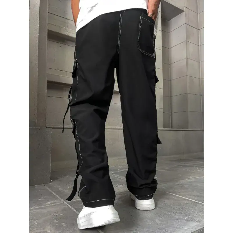 Men Jeans Baggy Straight Denim Trousers Wide Legs Pants Big Pocket Trendy Blue Black Elastic Waist Casual Baggy Hosen Streetwear