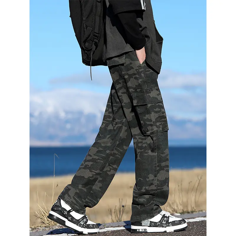 Wide Leg Jeans Camouflage Patch Pocket Loose Straight Trousers Elastic Waist Pants 100% Cotton Autumn New Men's Fashion Korean