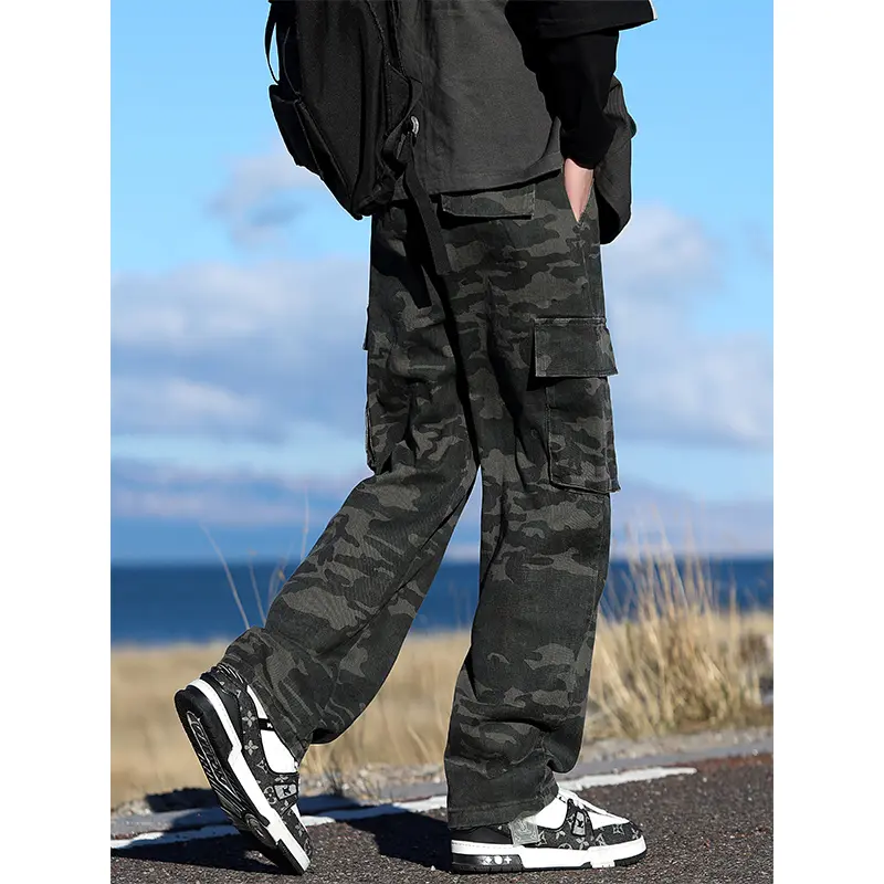Wide Leg Jeans Camouflage Patch Pocket Loose Straight Trousers Elastic Waist Pants 100% Cotton Autumn New Men's Fashion Korean