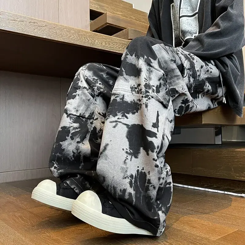 8XL-M Fashion Wash Painting Casual Pants Youth Popular Brand Streetwear TrousersMen's Large Size Baggy Straight Leg Wide Leg