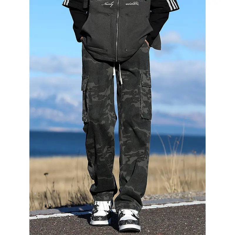 Wide Leg Jeans Camouflage Patch Pocket Loose Straight Trousers Elastic Waist Pants 100% Cotton Autumn New Men's Fashion Korean
