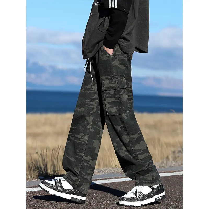 Wide Leg Jeans Camouflage Patch Pocket Loose Straight Trousers Elastic Waist Pants 100% Cotton Autumn New Men's Fashion Korean