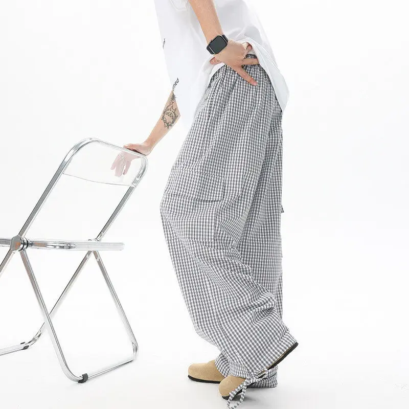 Biyaby Street Men's Plaid 8XL-M Work Pants Korean Fashion High-waisted Wide-leg Pants Men's Large Size Loose Casual Pants