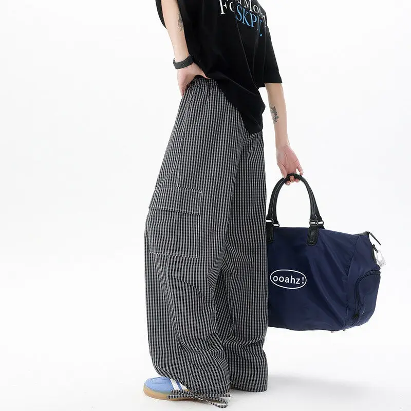 Biyaby Street Men's Plaid 8XL-M Work Pants Korean Fashion High-waisted Wide-leg Pants Men's Large Size Loose Casual Pants