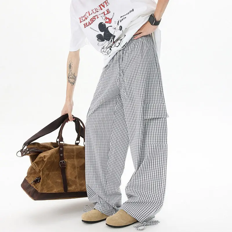Biyaby Street Men's Plaid 8XL-M Work Pants Korean Fashion High-waisted Wide-leg Pants Men's Large Size Loose Casual Pants
