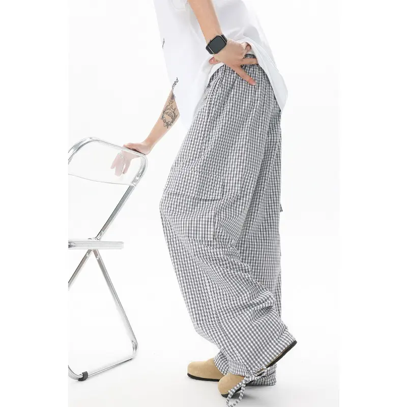 Biyaby Street Men's Plaid 8XL-M Work Pants Korean Fashion High-waisted Wide-leg Pants Men's Large Size Loose Casual Pants