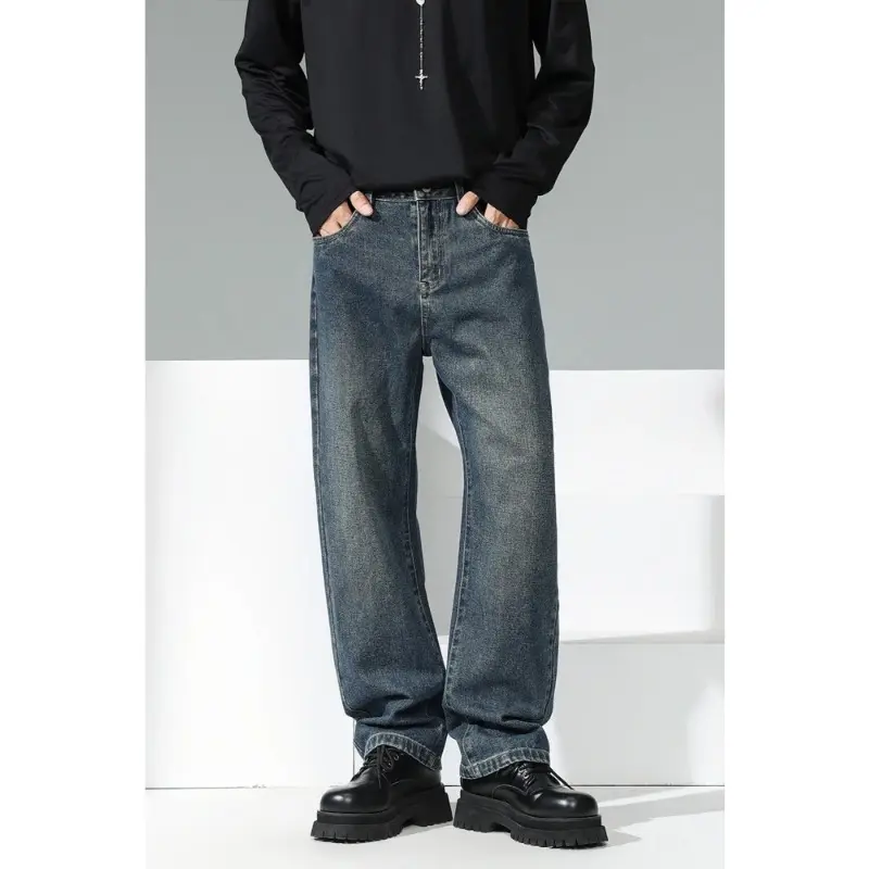 Wide Leg Jeans Soft Cotton Mid Waist Design for Daily Comfort & Durability Youth Stylish Loose Fit Denim Pants Spring Retro Blue