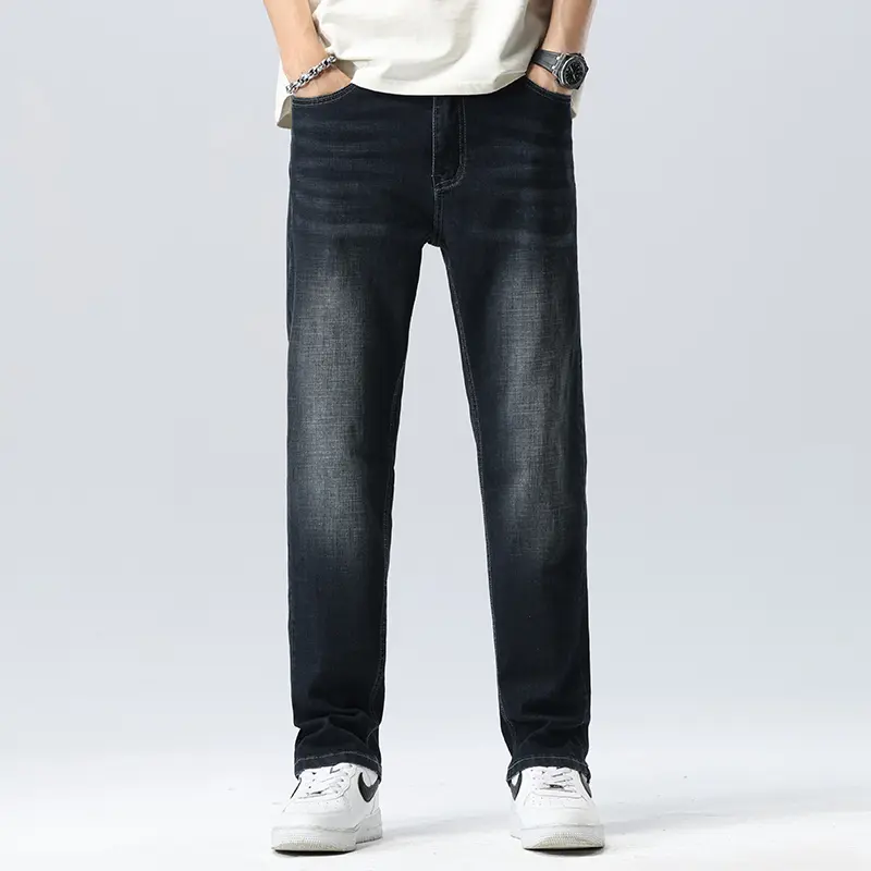 Business Casual Loose Fit Straight Leg Jeans Elastic Long Trousers Plus Size Trendy Pants Men's Plus Size Denim Jeans Jeans