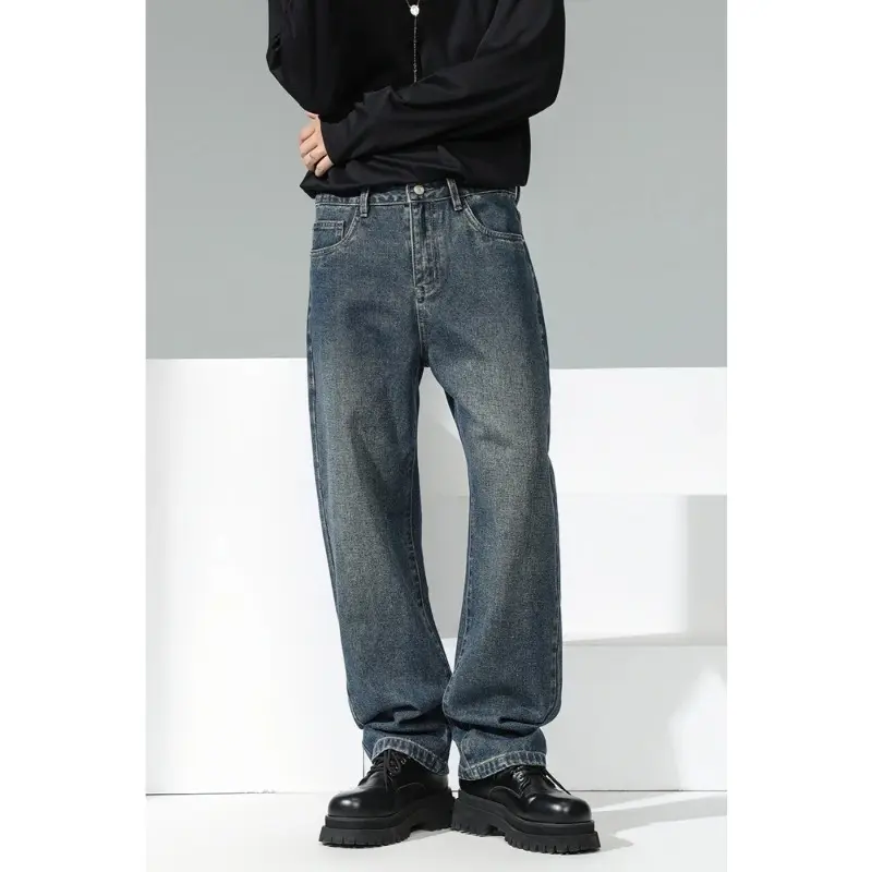 Wide Leg Jeans Soft Cotton Mid Waist Design for Daily Comfort & Durability Youth Stylish Loose Fit Denim Pants Spring Retro Blue