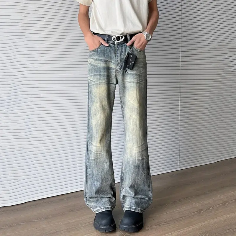 Washing Men's Jeans Worn-out Moustache Effect Contrast Color American Style Straight Leg Male Denim Pants Summer Jeans for Men