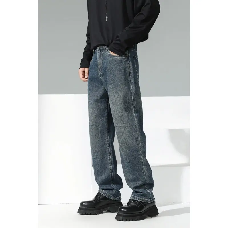 Wide Leg Jeans Soft Cotton Mid Waist Design for Daily Comfort & Durability Youth Stylish Loose Fit Denim Pants Spring Retro Blue