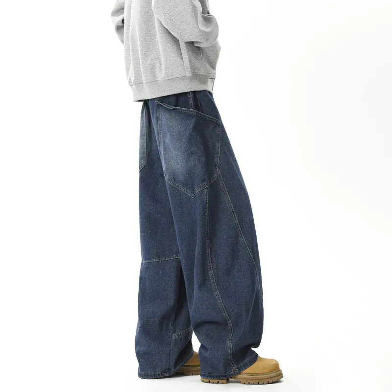 Casual Male Denim Pants American Style Men Jeans Big Pocket Embroidery Solid Color Baggy Straight Trousers Wide Leg Baggy Jeans