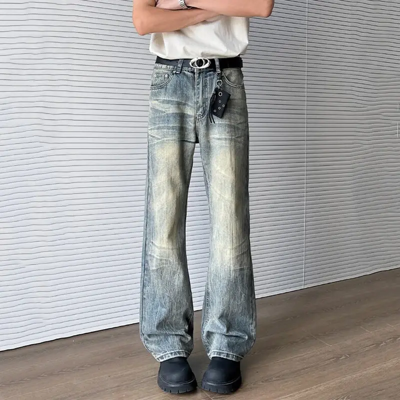 Washing Men's Jeans Worn-out Moustache Effect Contrast Color American Style Straight Leg Male Denim Pants Summer Jeans for Men