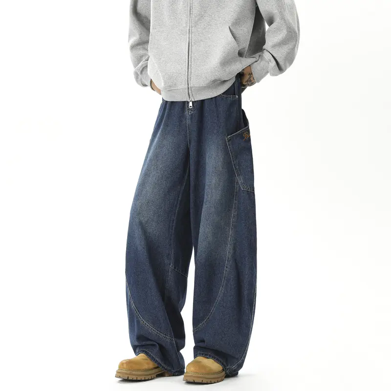 Casual Male Denim Pants American Style Men Jeans Big Pocket Embroidery Solid Color Baggy Straight Trousers Wide Leg Baggy Jeans