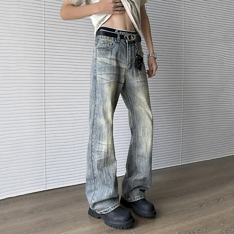 Washing Men's Jeans Worn-out Moustache Effect Contrast Color American Style Straight Leg Male Denim Pants Summer Jeans for Men
