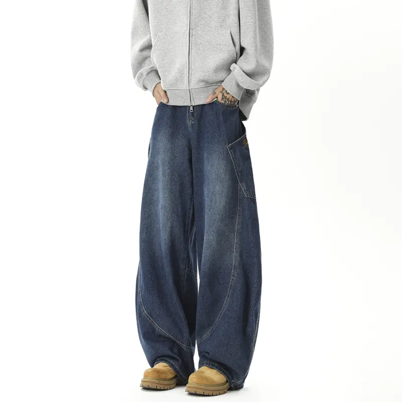 Casual Male Denim Pants American Style Men Jeans Big Pocket Embroidery Solid Color Baggy Straight Trousers Wide Leg Baggy Jeans