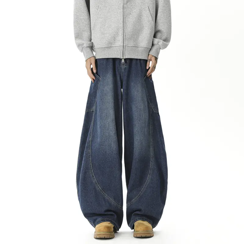 Casual Male Denim Pants American Style Men Jeans Big Pocket Embroidery Solid Color Baggy Straight Trousers Wide Leg Baggy Jeans