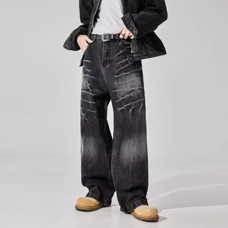 Men's Denim Pants Contrast Color Straight Washing Summer Menswear Loose Wide Leg Male Jeans Streetwear New Simple Jeans Print