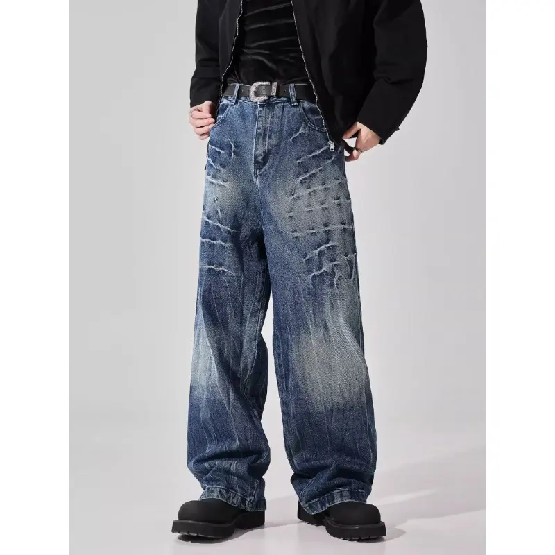 Men's Denim Pants Contrast Color Straight Washing Summer Menswear Loose Wide Leg Male Jeans Streetwear New Simple Jeans Print