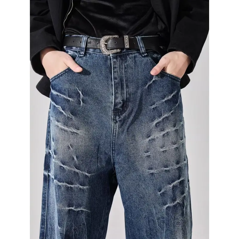 Men's Denim Pants Contrast Color Straight Washing Summer Menswear Loose Wide Leg Male Jeans Streetwear New Simple Jeans Print