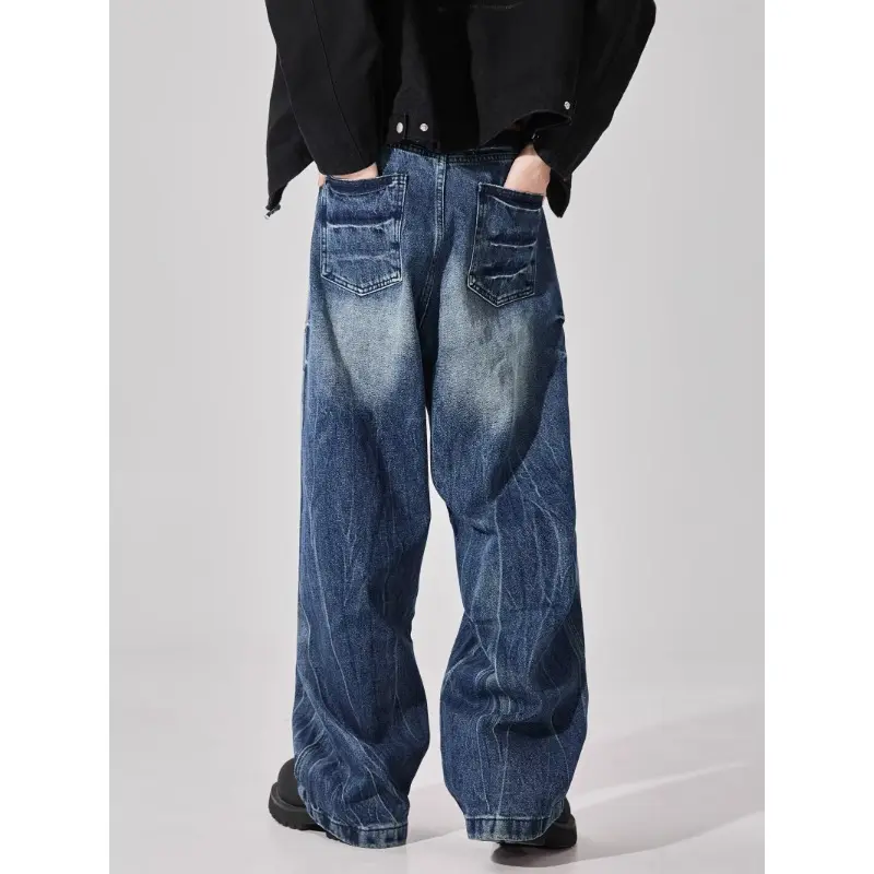 Men's Denim Pants Contrast Color Straight Washing Summer Menswear Loose Wide Leg Male Jeans Streetwear New Simple Jeans Print