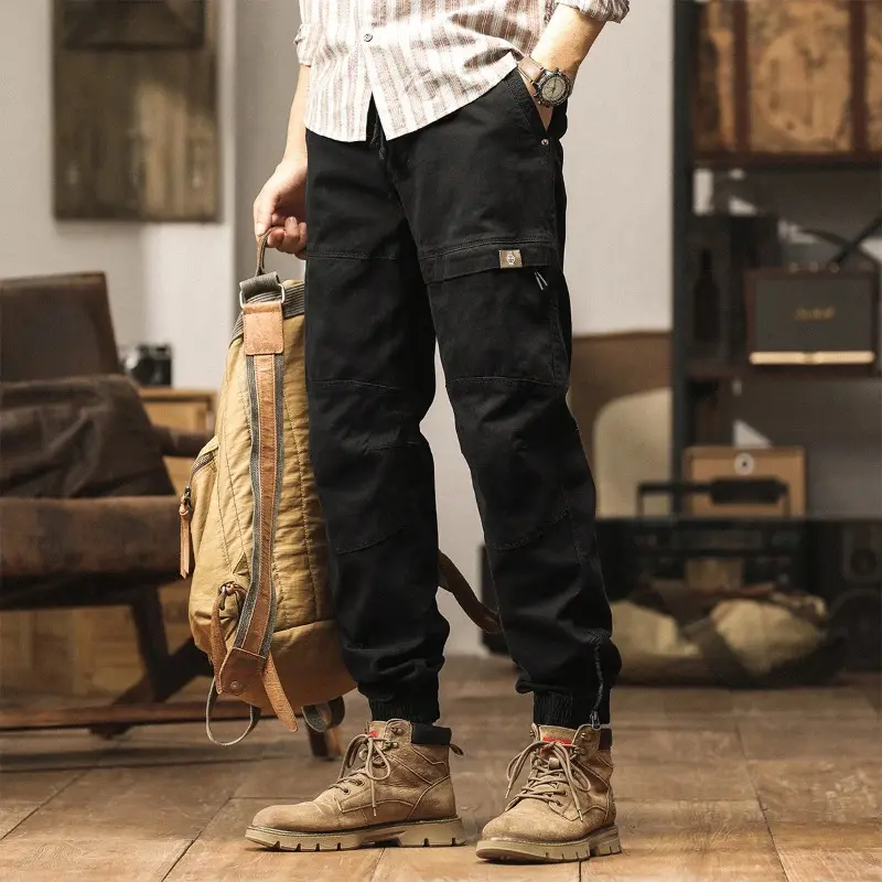 Men's Cargo Pants Men Multi Pocket Elastic Waist Cotton Stretch Trousers Casual Joggers Men Ankle Length Zipper Mens Track Pants