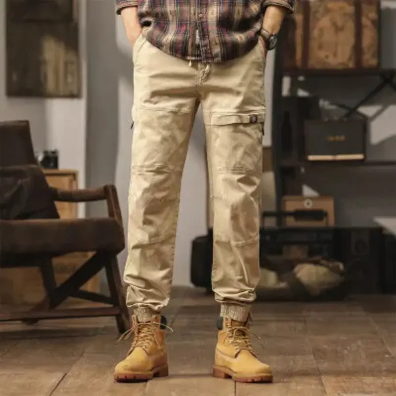 Men's Cargo Pants Men Multi Pocket Elastic Waist Cotton Stretch Trousers Casual Joggers Men Ankle Length Zipper Mens Track Pants