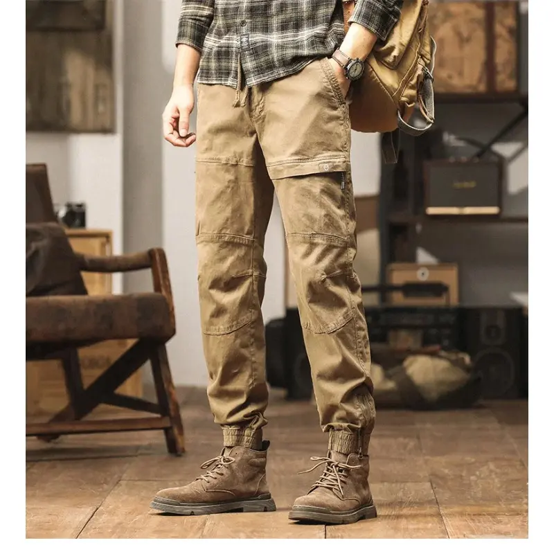 Men's Cargo Pants Men Multi Pocket Elastic Waist Cotton Stretch Trousers Casual Joggers Men Ankle Length Zipper Mens Track Pants
