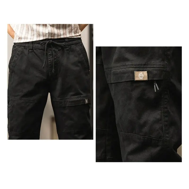 Men's Cargo Pants Men Multi Pocket Elastic Waist Cotton Stretch Trousers Casual Joggers Men Ankle Length Zipper Mens Track Pants