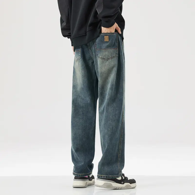 Men's Jeans Distressed Vintage Blue Jeans Men Pants Wide Leg Denim Trousers Oversize Streetwear Casual Baggy Straight Jeans Traf