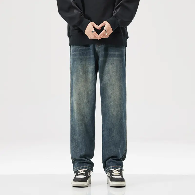 Men's Jeans Distressed Vintage Blue Jeans Men Pants Wide Leg Denim Trousers Oversize Streetwear Casual Baggy Straight Jeans Traf