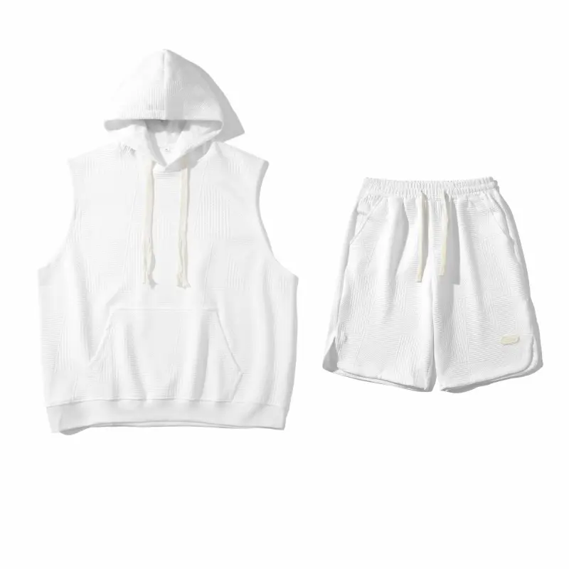 Summer Men's Sleeveless Hoodie and Shorts Set Solid Color Knitted Mesh Silk Speed Drying Outdoor Running Fitness Essential
