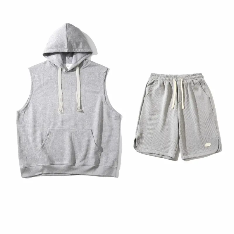 Summer Men's Sleeveless Hoodie and Shorts Set Solid Color Knitted Mesh Silk Speed Drying Outdoor Running Fitness Essential