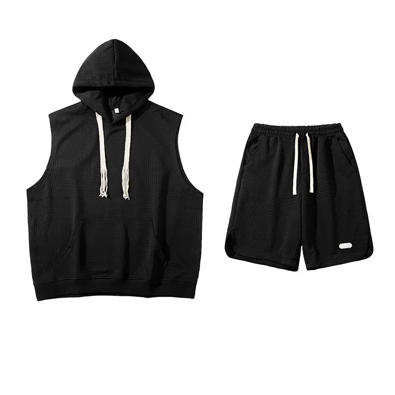 Summer Men's Sleeveless Hoodie and Shorts Set Solid Color Knitted Mesh Silk Speed Drying Outdoor Running Fitness Essential