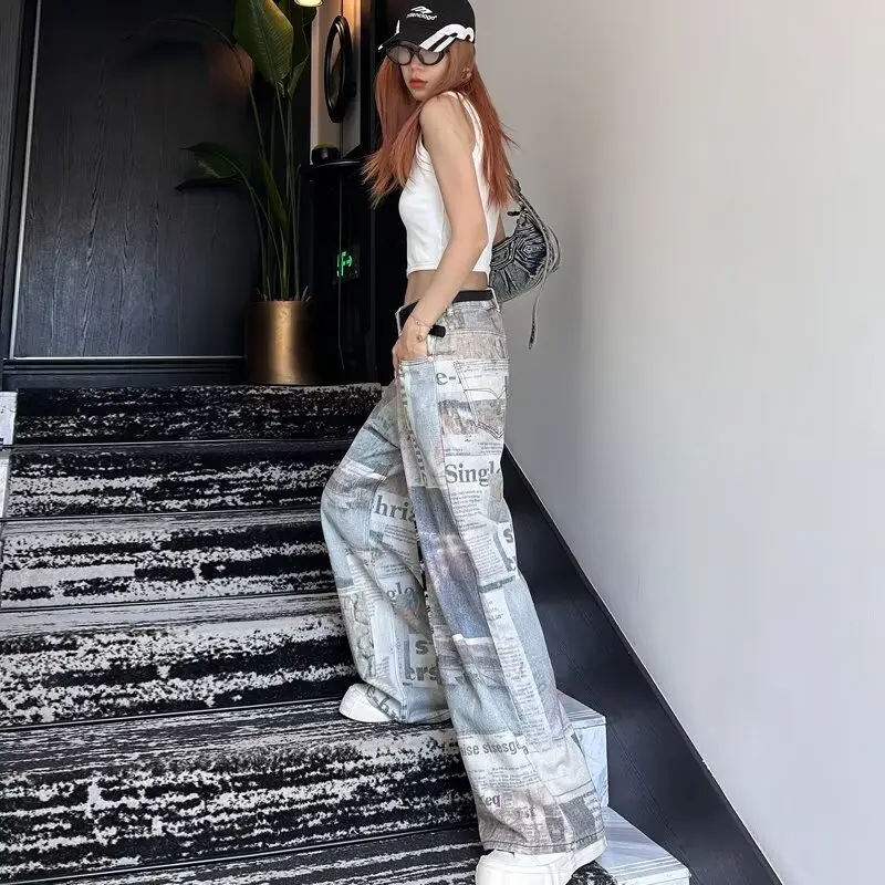 Striped Vintage Pants with Side Pockets Teen Girls Utility Pants Teenage Child Newspaper Printed Trousers Toddle Women's Graphic