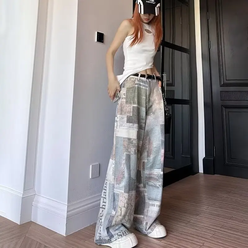 Striped Vintage Pants with Side Pockets Teen Girls Utility Pants Teenage Child Newspaper Printed Trousers Toddle Women's Graphic