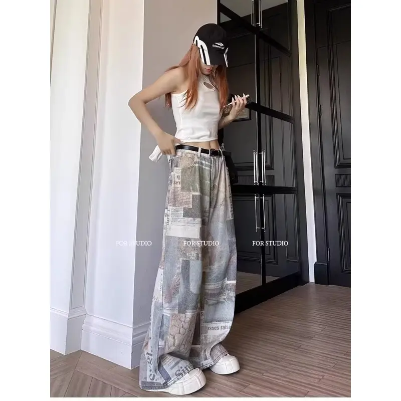 Striped Vintage Pants with Side Pockets Teen Girls Utility Pants Teenage Child Newspaper Printed Trousers Toddle Women's Graphic