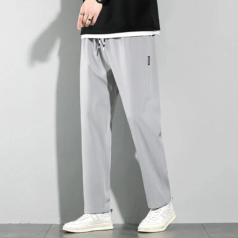 Men's Pants Ice Silk Straight Leg Sweatpants Business Casual Pants Outdoor Elastic Breathable Summer New Black Gray Thin Joggers