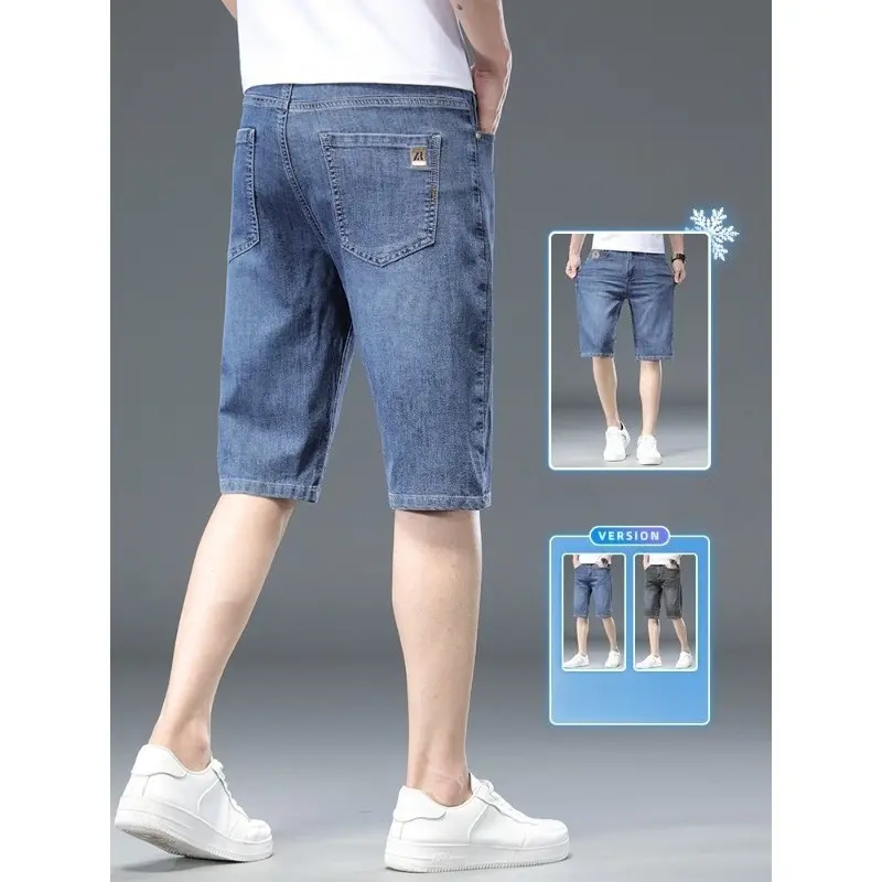 Summer Thin Straight Men's Denim Shorts Washed Elastic Casual Business Classic Shorts China Embroidery Fashion Short Jeans