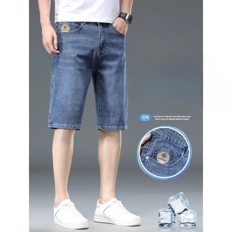 Summer Thin Straight Men's Denim Shorts Washed Elastic Casual Business Classic Shorts China Embroidery Fashion Short Jeans