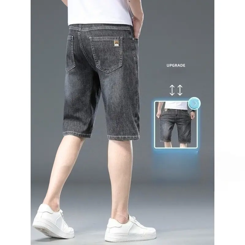 Summer Thin Straight Men's Denim Shorts Washed Elastic Casual Business Classic Shorts China Embroidery Fashion Short Jeans